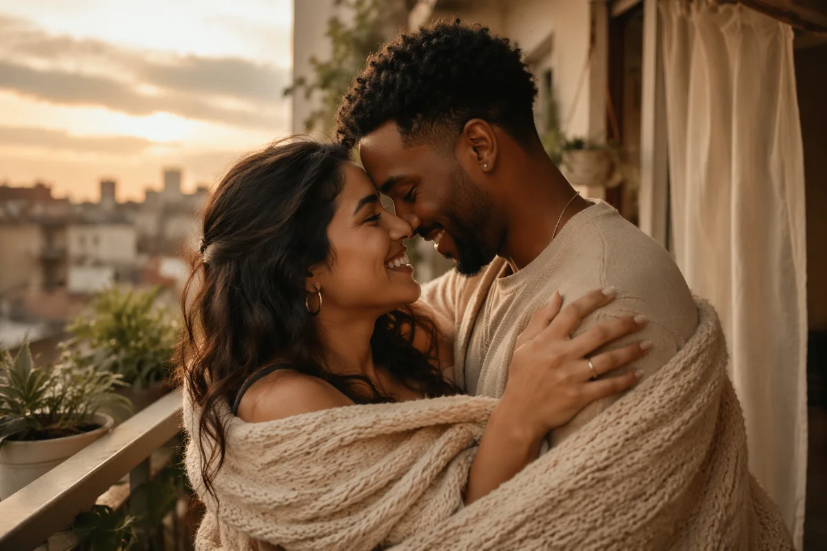 Young Couple Embracing on Balcony at Sunset