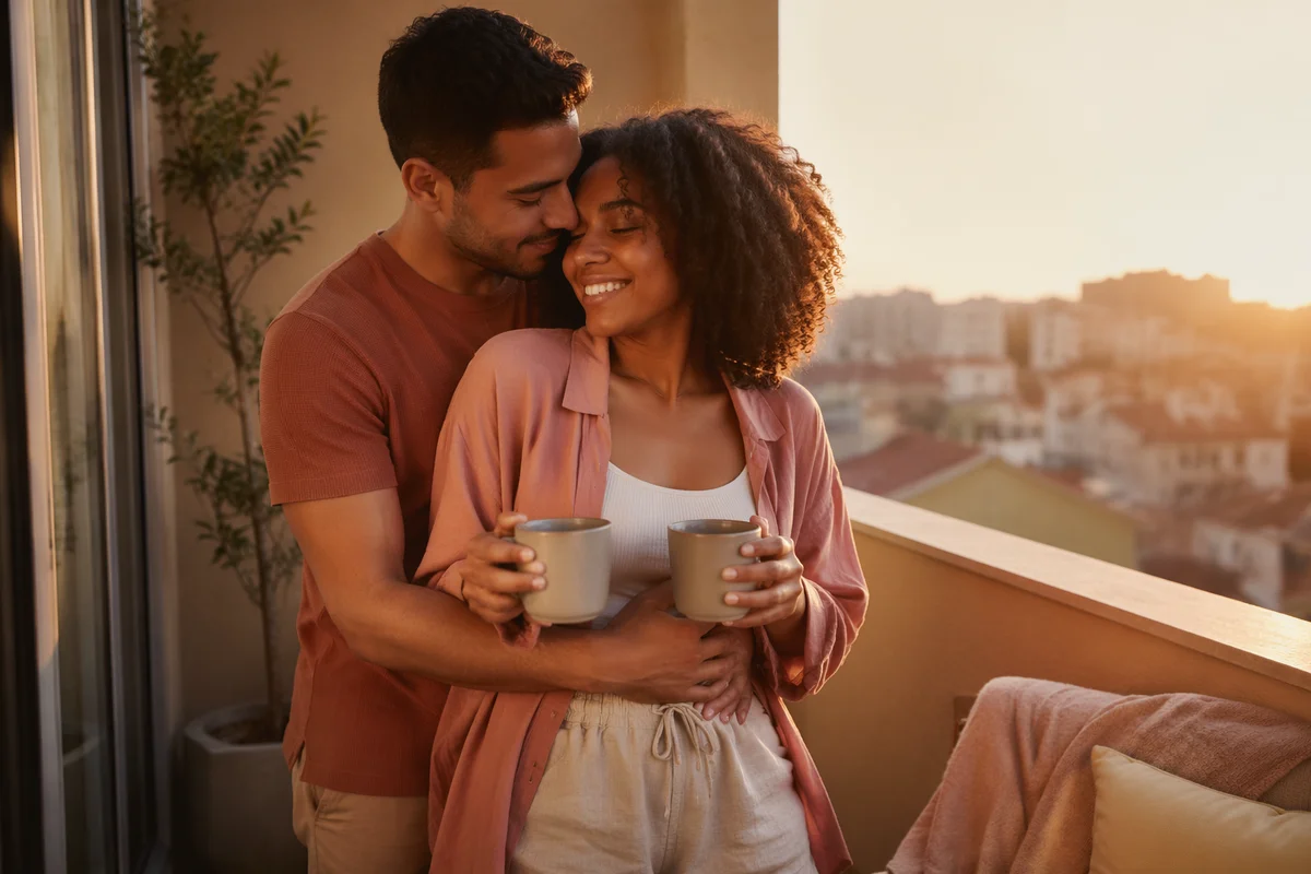 Young Couple Embracing on Balcony at Sunset