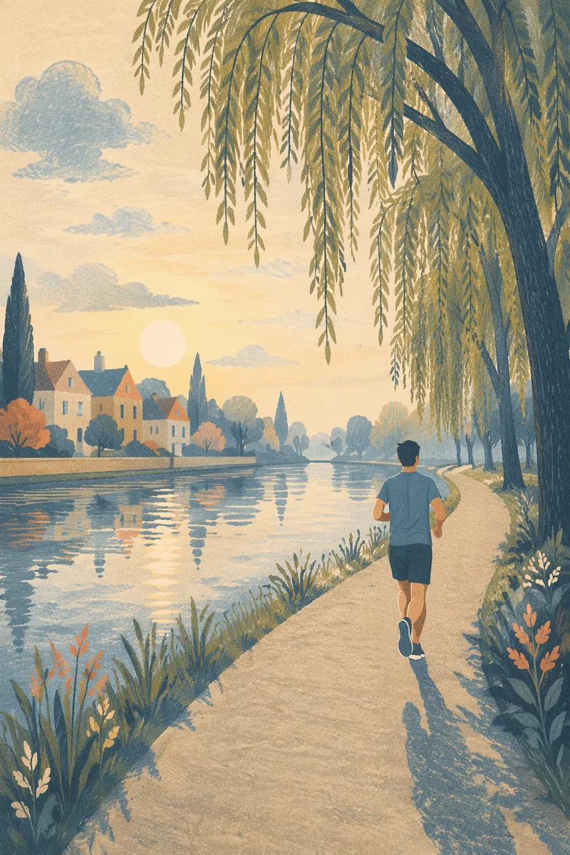 Morning Jogger Along Misty Canal Path