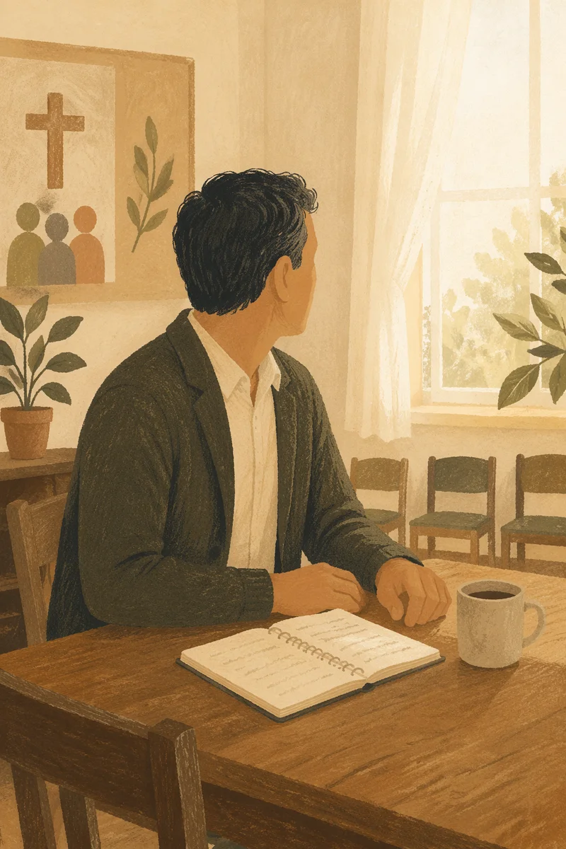 Thoughtful Man in Sunlit Community Room