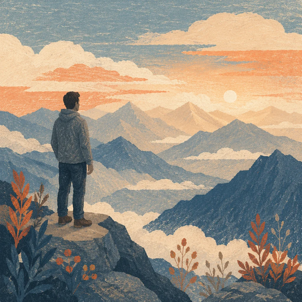 Man Contemplating at Misty Mountain Overlook