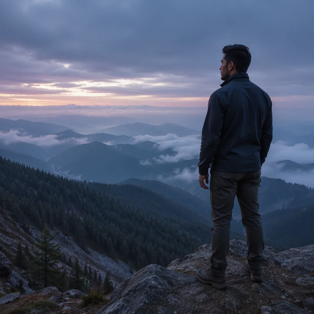 Man Overlooking Misty Mountain Valleys