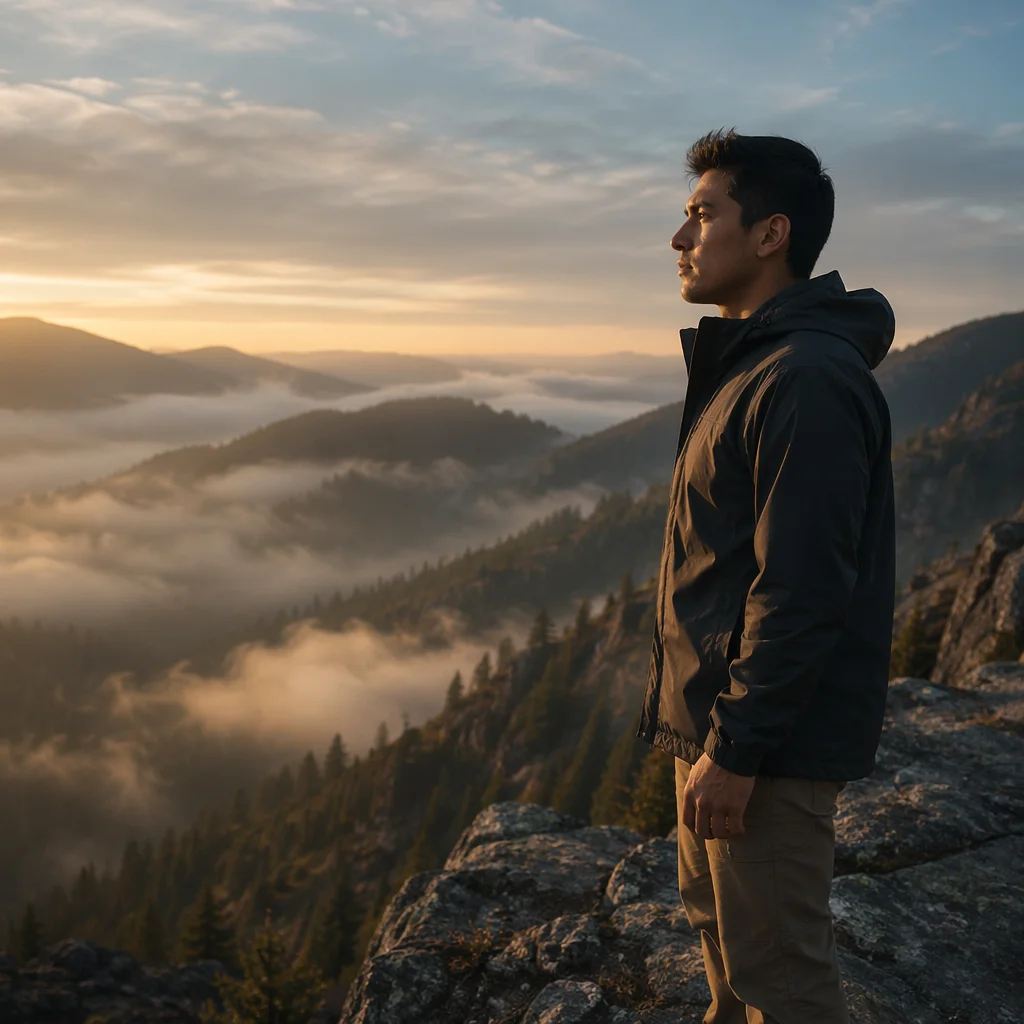 Solitary Man on Mountain Overlook at Dawn