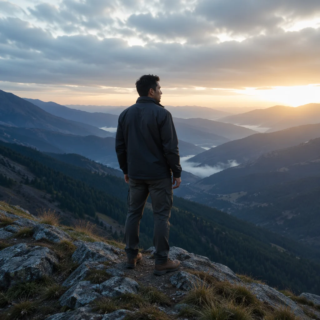 Man Overlooking Misty Mountain Valley
