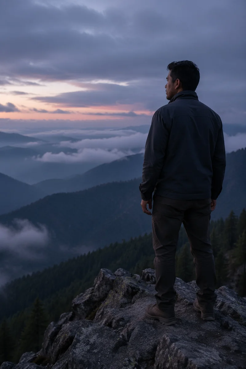 Man Overlooking Misty Mountain Valleys at Dawn
