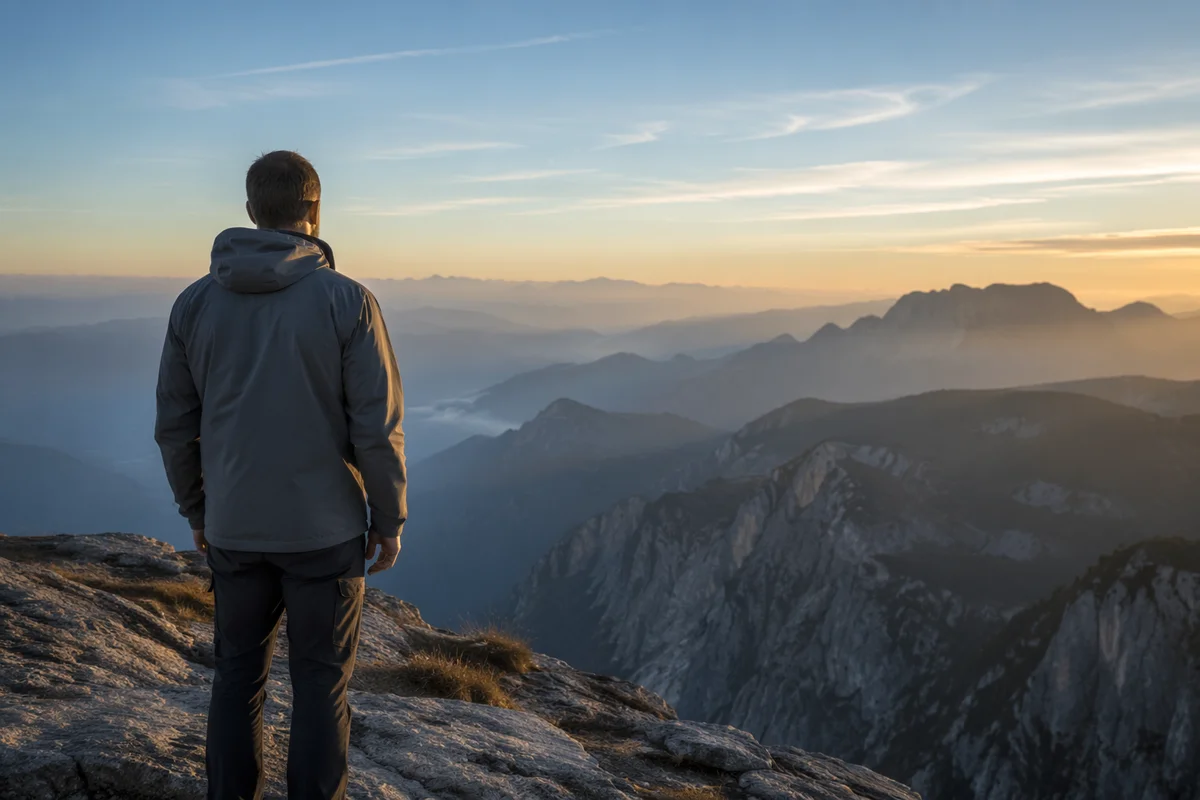 Man Contemplating at Misty Mountain Overlook