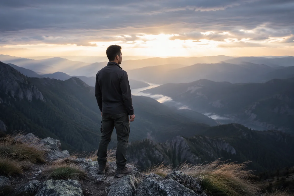 Man at Mountain Overlook at Dawn