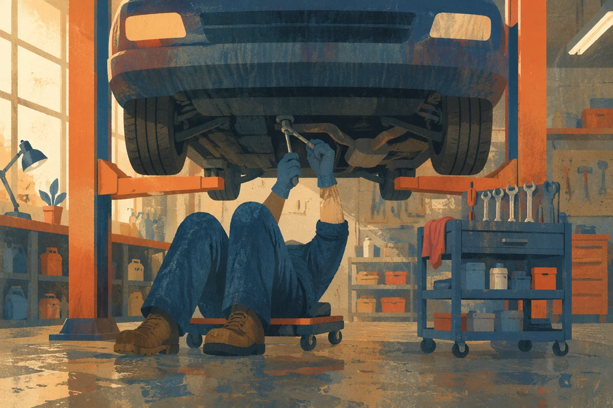 Mechanic Repairing Car Under Garage Lift