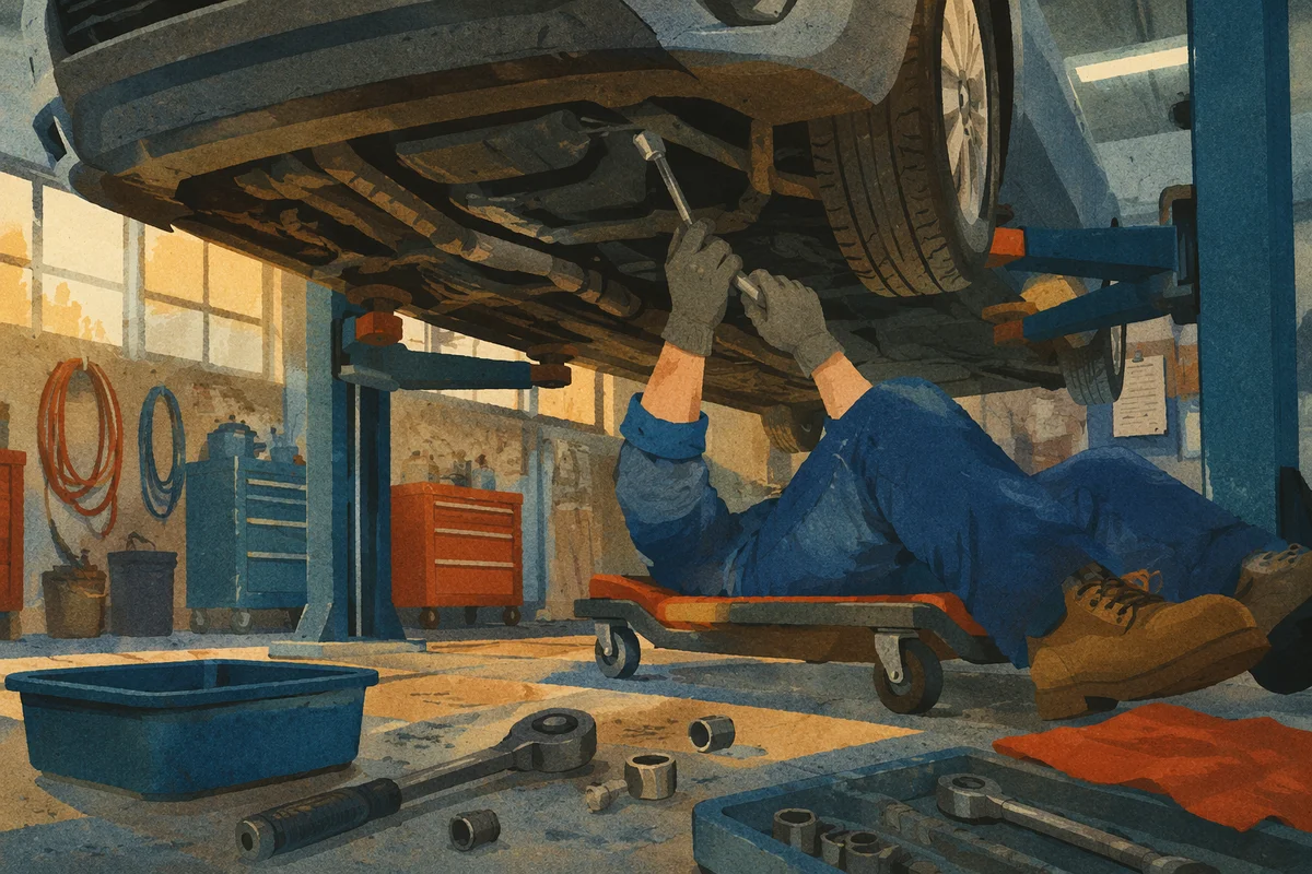 Mechanic Under Car in Busy Garage