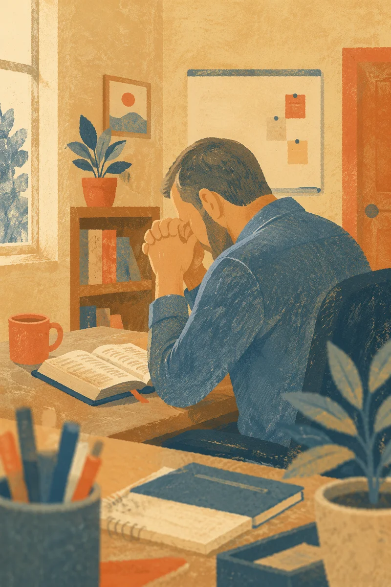 Middle-Aged Man Praying at Office Desk