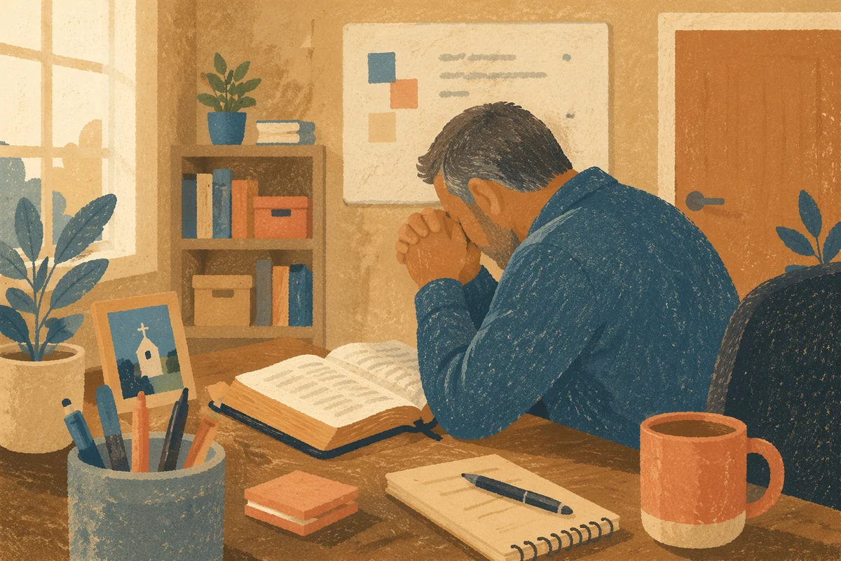 Middle Aged Man Praying at Office Desk