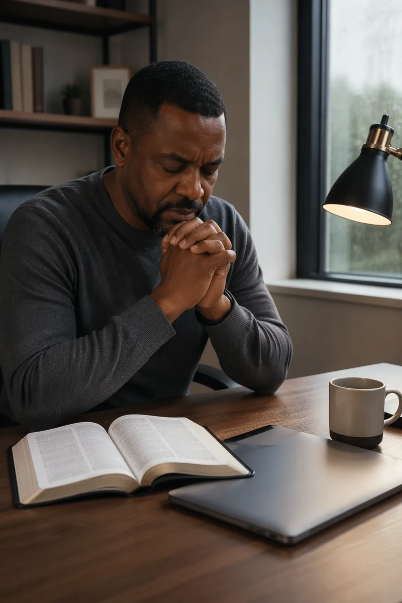 Middle Aged Man Praying at Office Desk