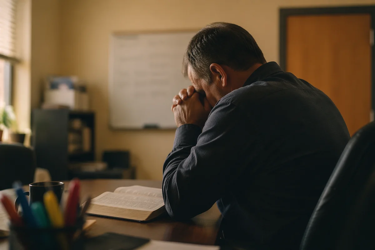 Middle-Aged Man Praying at Office Desk