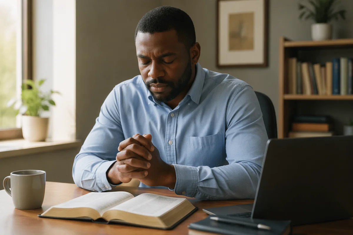 Man Praying at Office Desk
