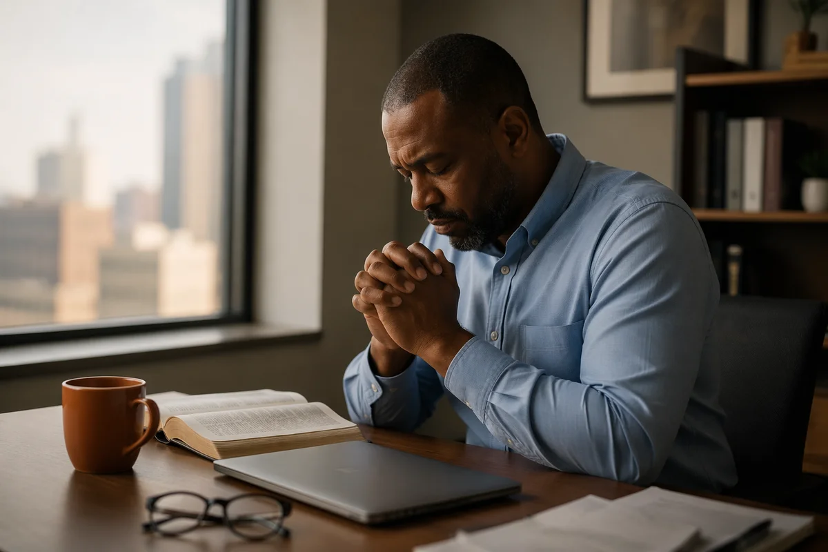 Man Praying at Office Desk