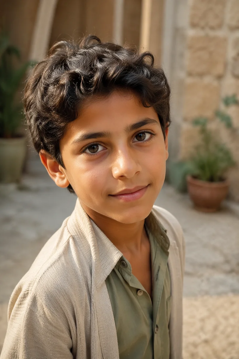 Curious Middle Eastern Child in Sunlit Courtyard