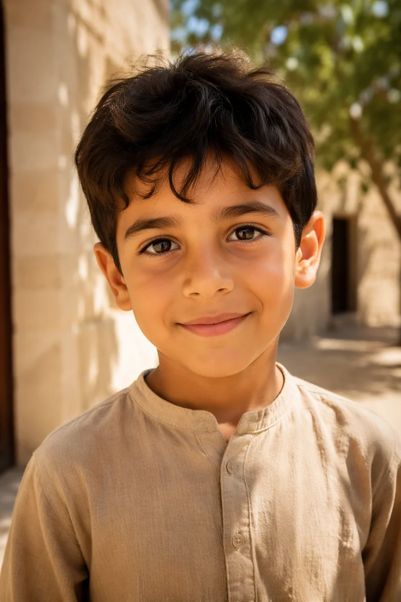 Curious Child Portrait in Sunlit Courtyard