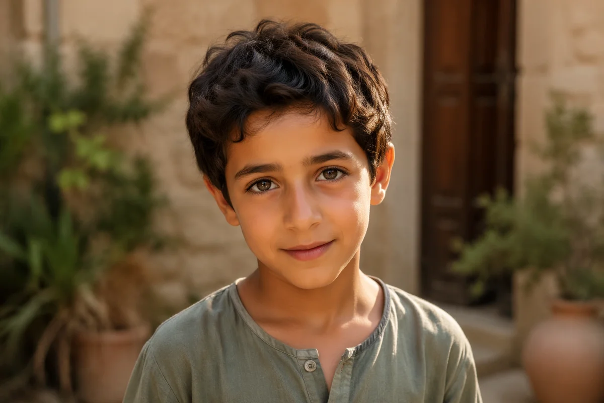 Curious Middle Eastern Child in Sunlit Courtyard