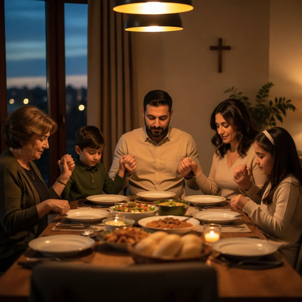 Middle Eastern Christian Family Praying at Dinner