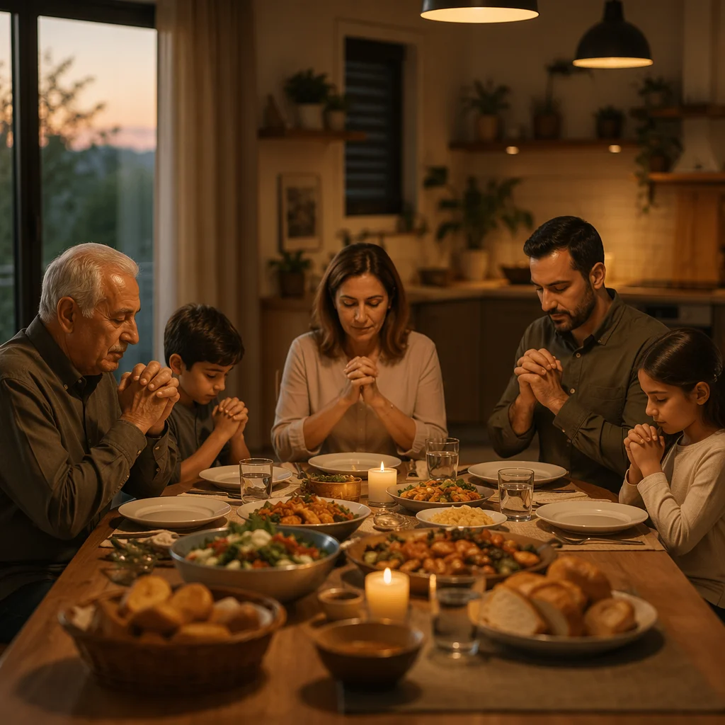 Middle Eastern Family Praying Before Dinner