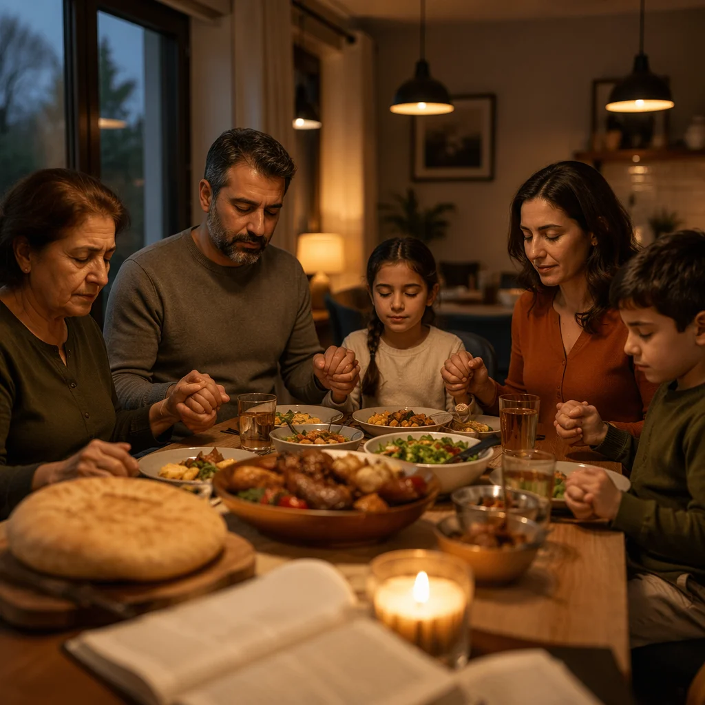 Middle Eastern Christian Family Praying at Dinner