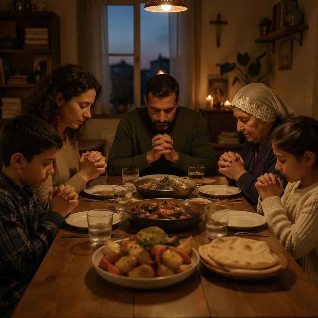 Middle Eastern Family Praying Before Dinner