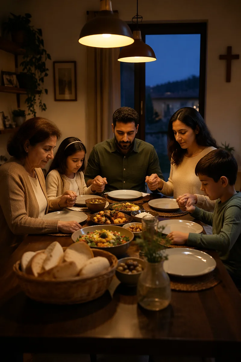 Middle Eastern Christian Family Praying at Dinner