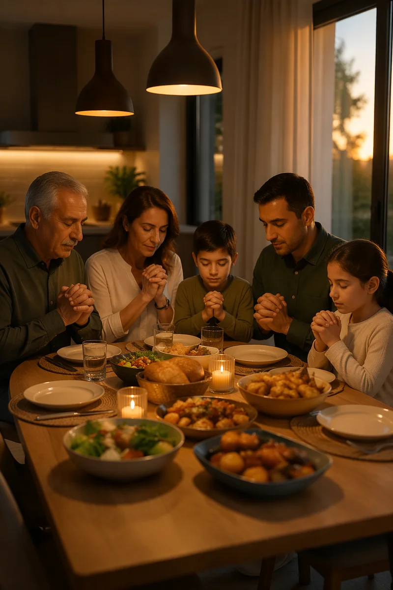 Middle Eastern Christian Family Praying at Dinner
