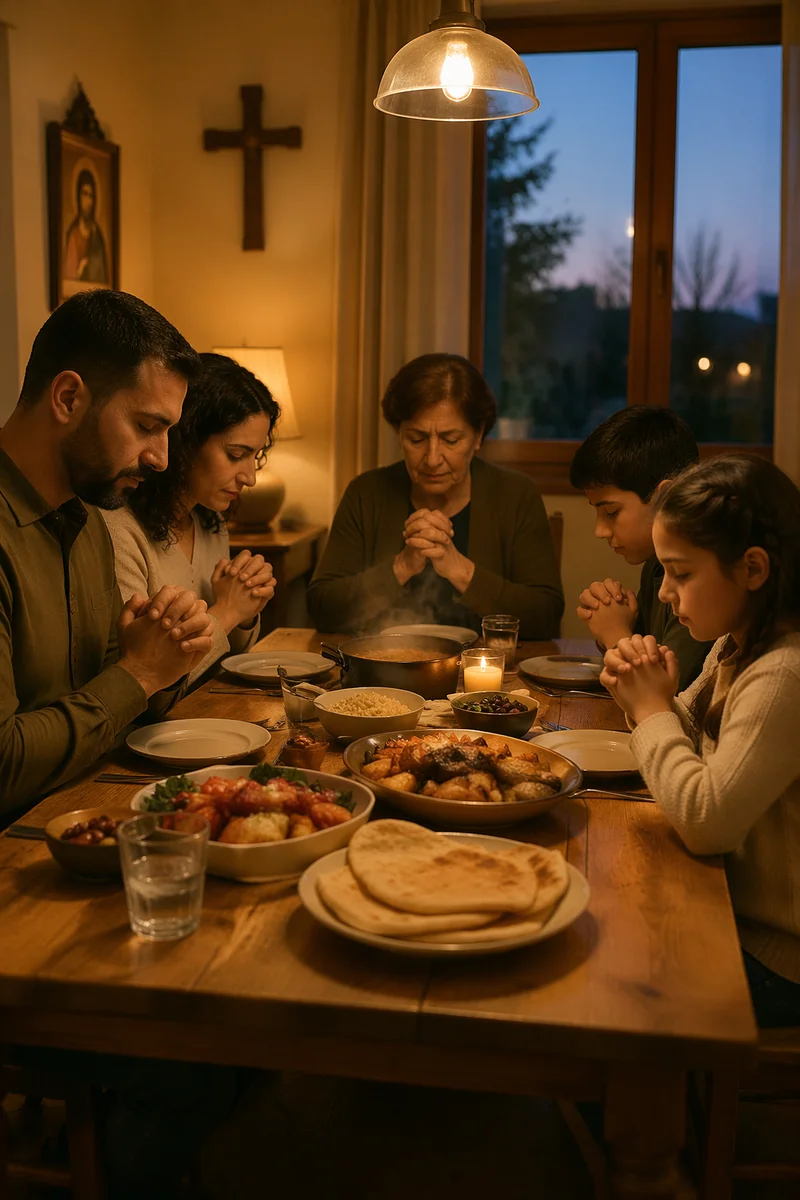 Middle Eastern Family Praying at Dinner Table