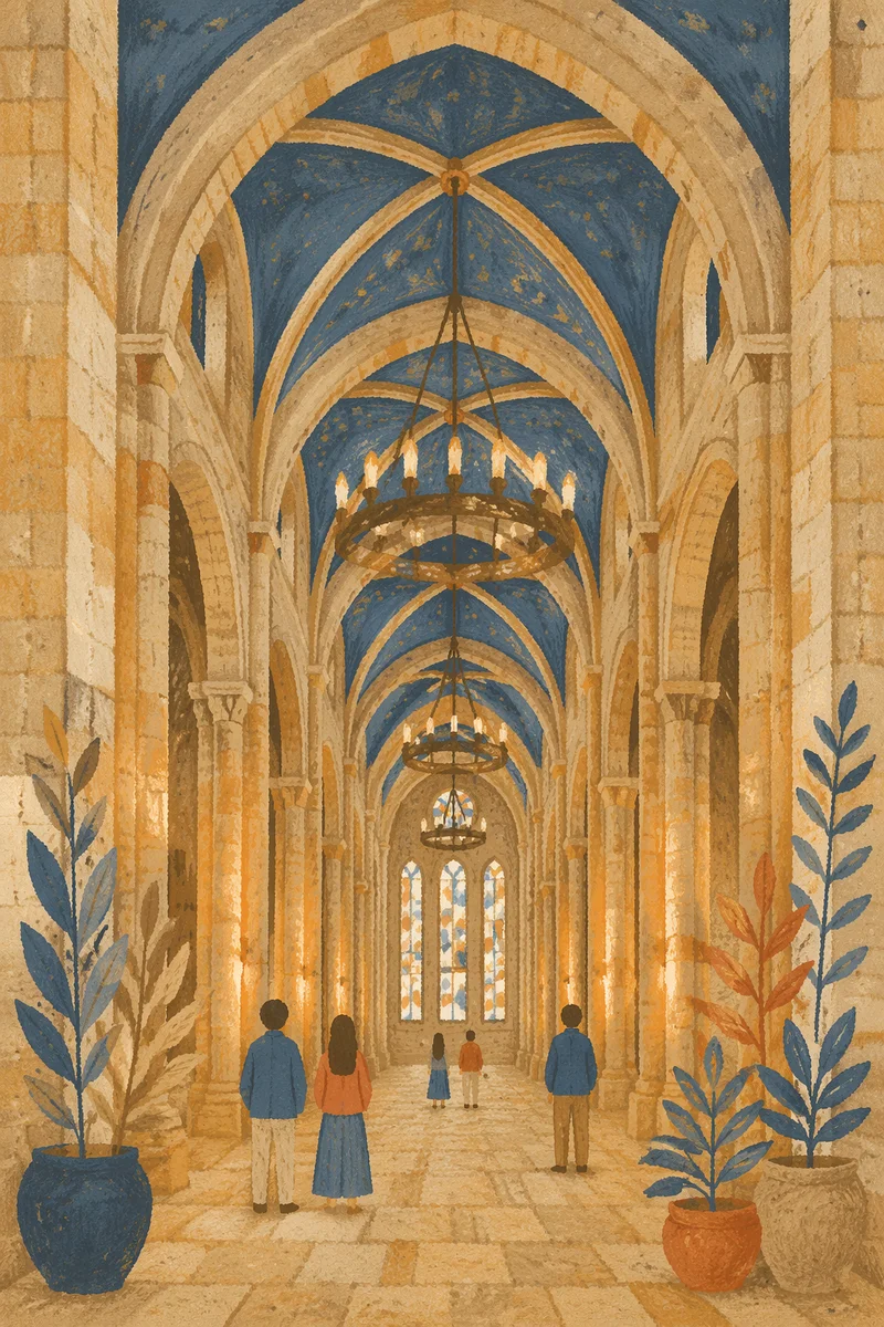 Ancient Middle Eastern Church Interior with Visitors
