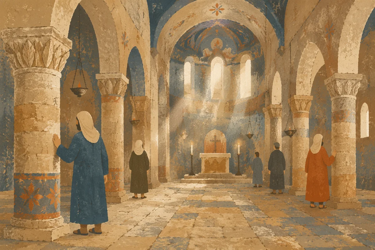 Ancient Middle Eastern Church Interior with Visitors