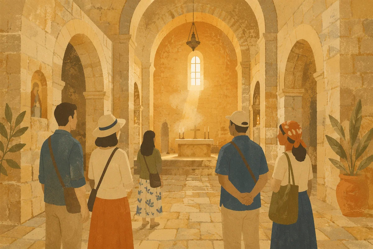 Ancient Middle Eastern Church Interior with Visitors