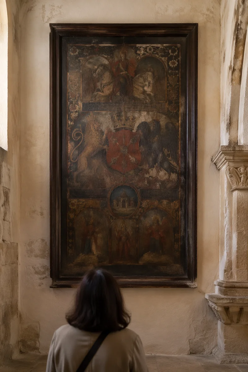 Visitor in Ancient Middle Eastern Church Interior