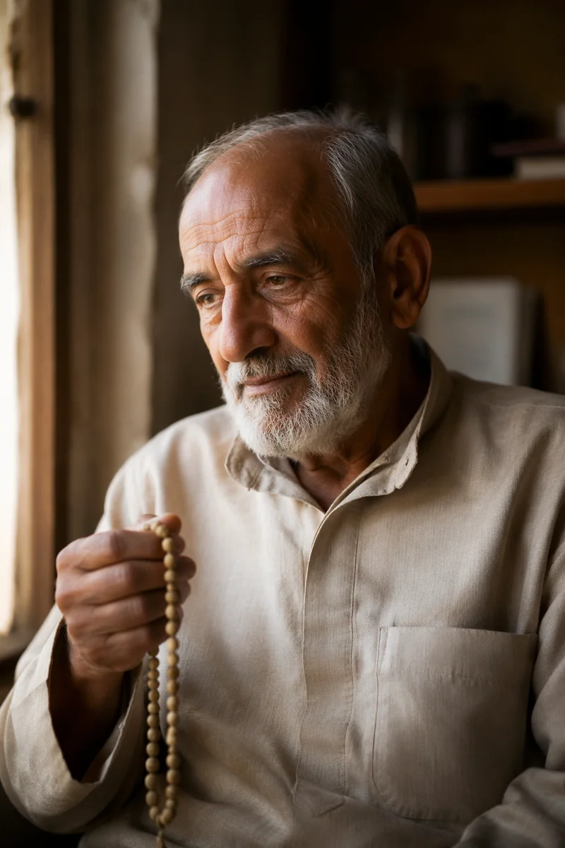 Elderly Man Holding Prayer Beads by Window