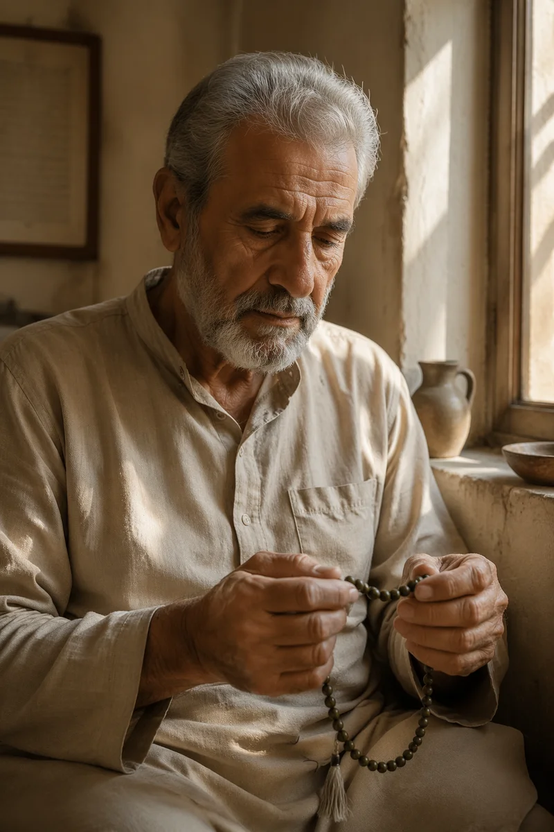 Elderly Man Holding Prayer Beads