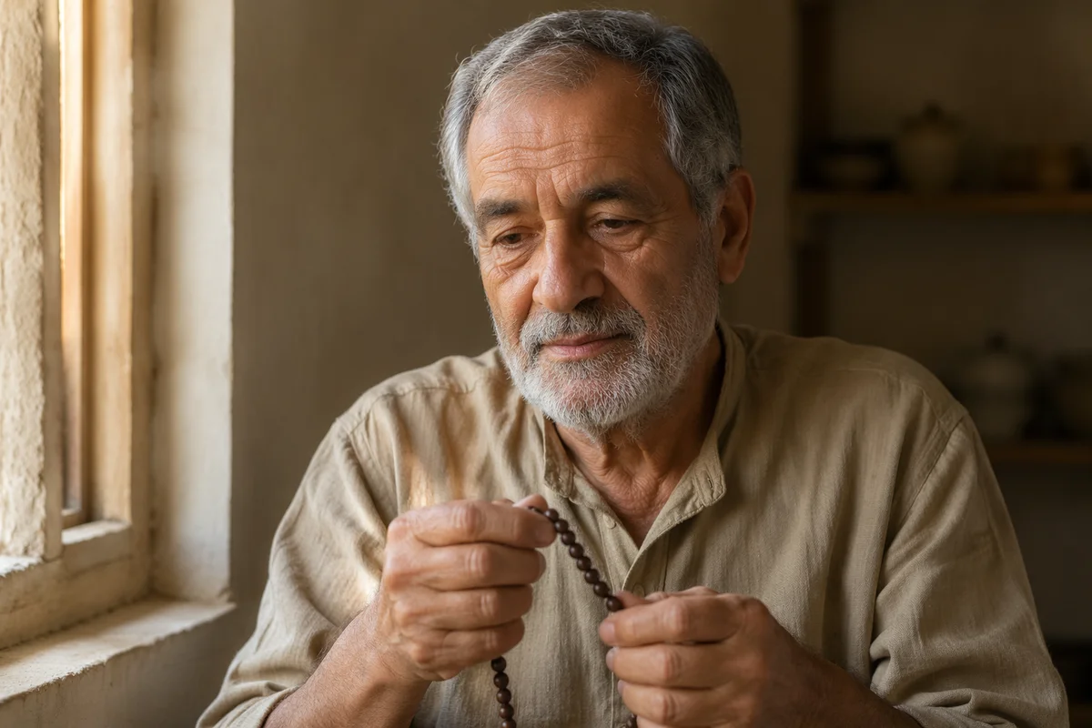 Elderly Man Holding Prayer Beads Indoors