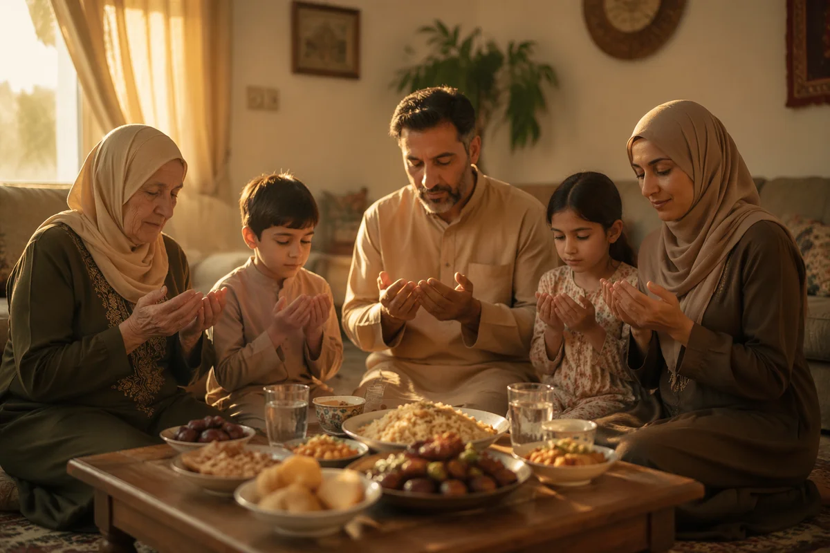 Middle Eastern Family Praying in Living Room