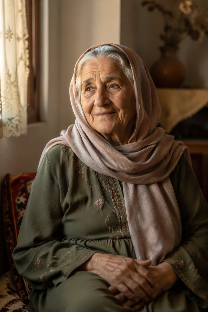 Elderly Middle Eastern Grandmother by Sunlit Window