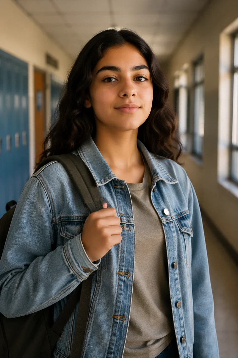 Confident Teenage Student in School Corridor
