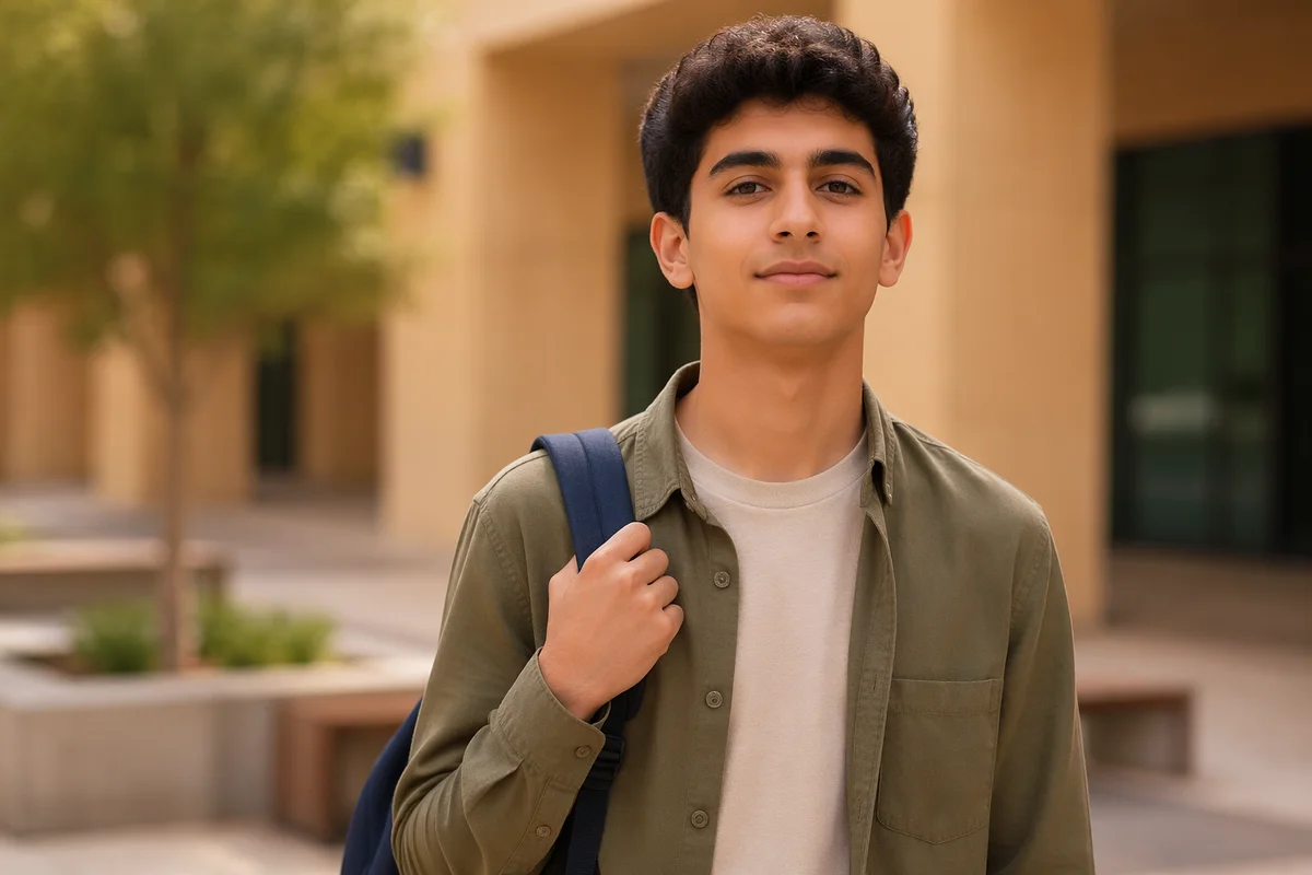 Confident Teen Student in School Courtyard