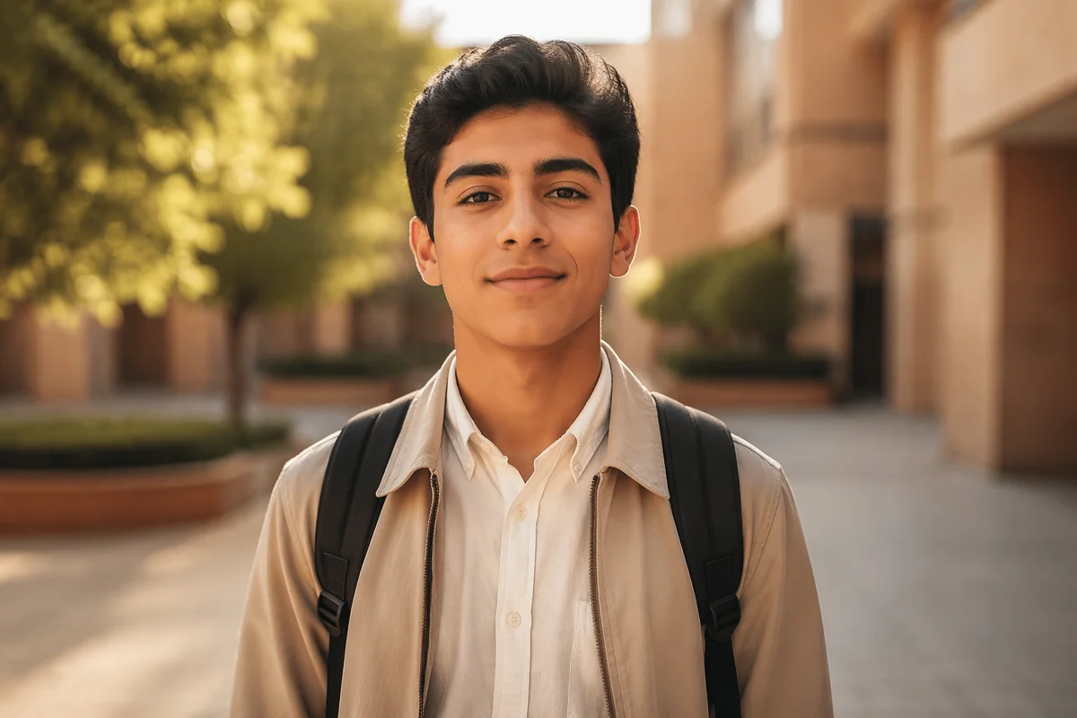 Confident Teen Student in School Courtyard