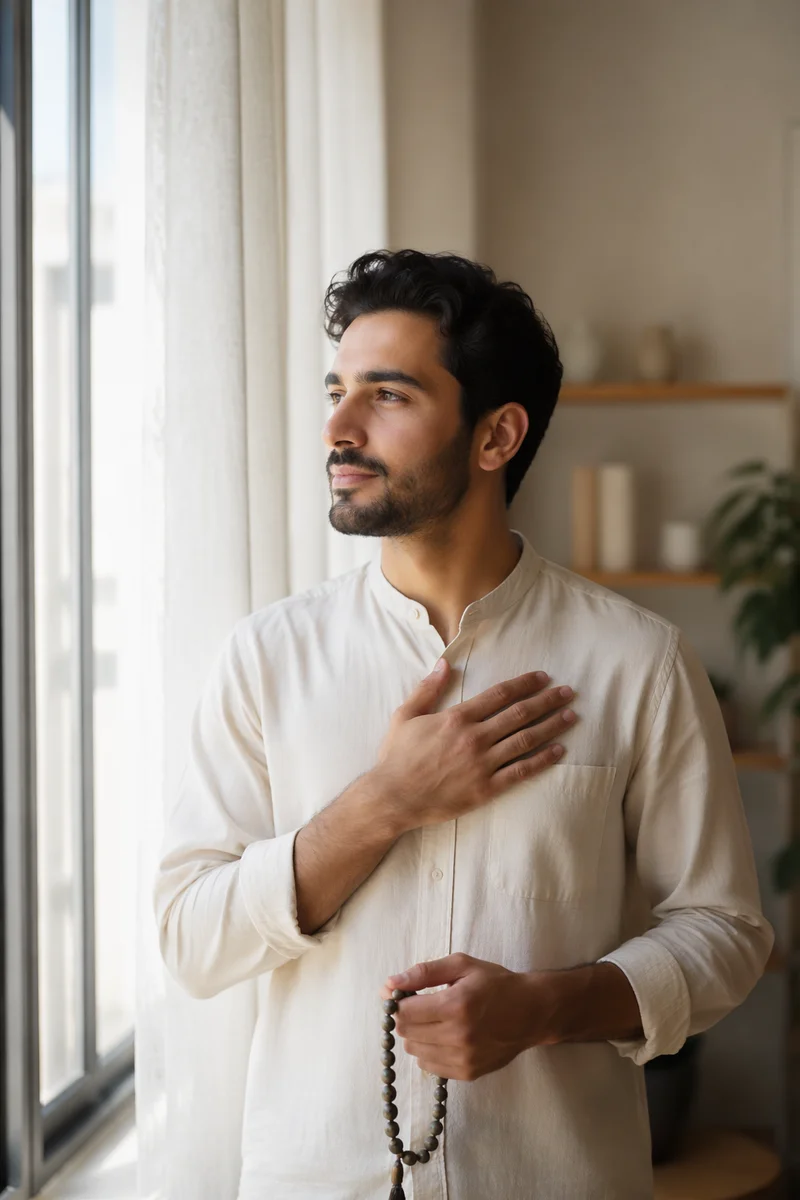 Young Man by Window with Prayer Beads