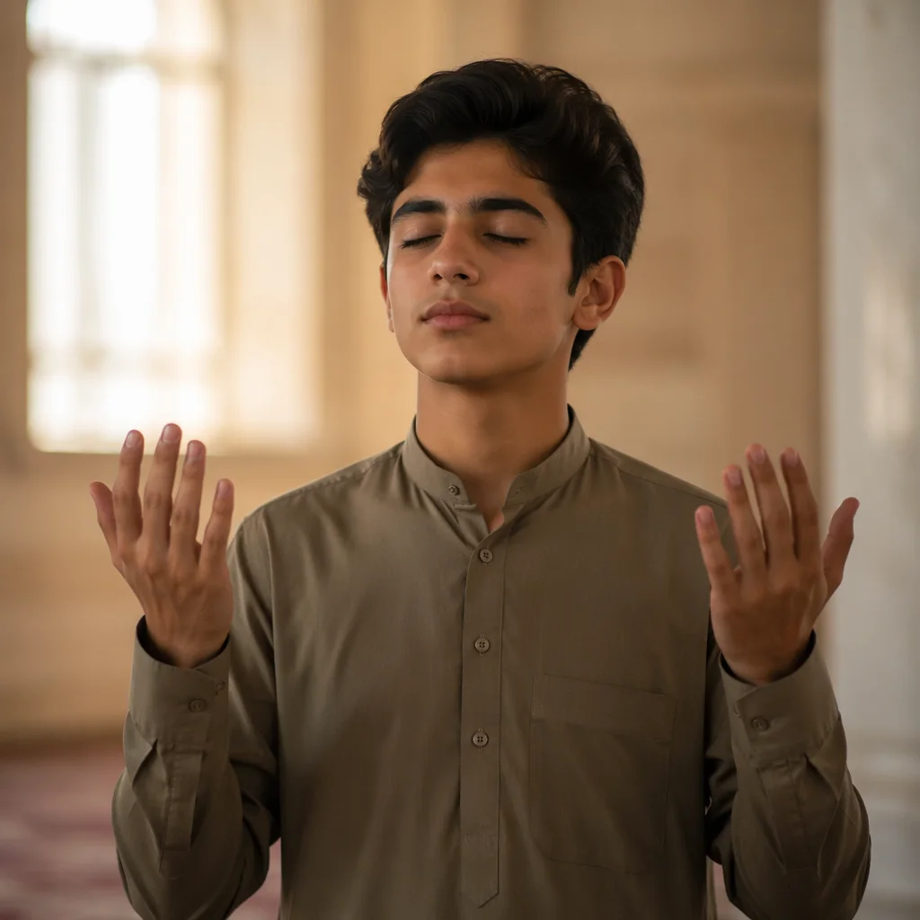 Teenage Boy with Hands Raised Indoors