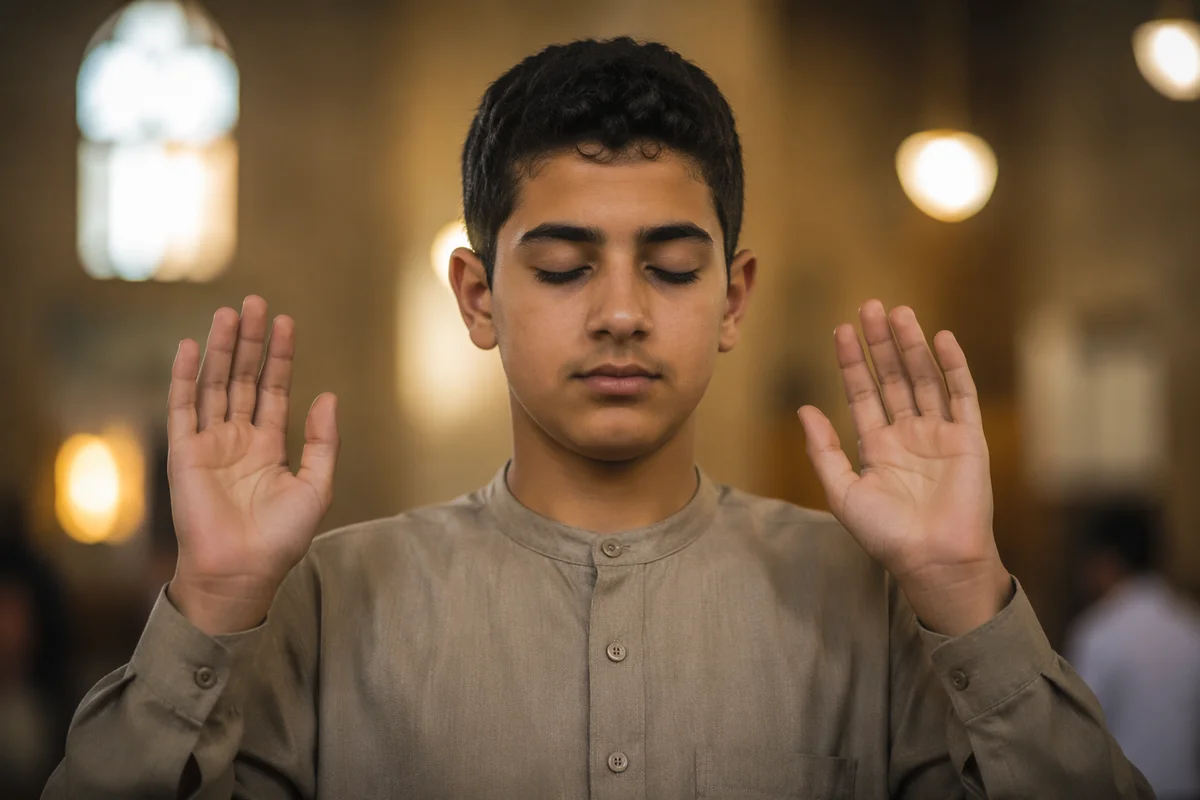 Teen Boy with Raised Hands Indoors