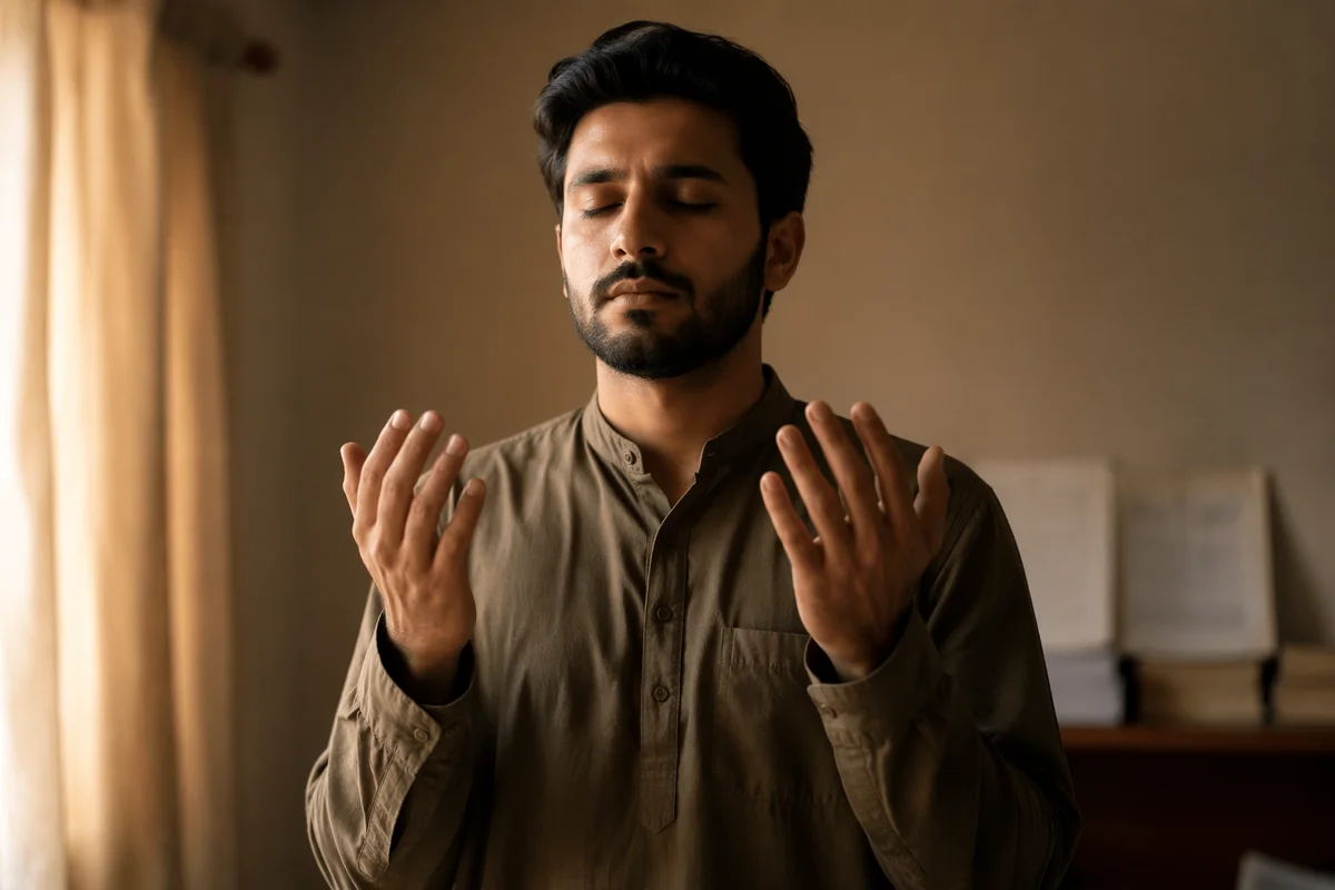 Peaceful Young Adult with Raised Hands