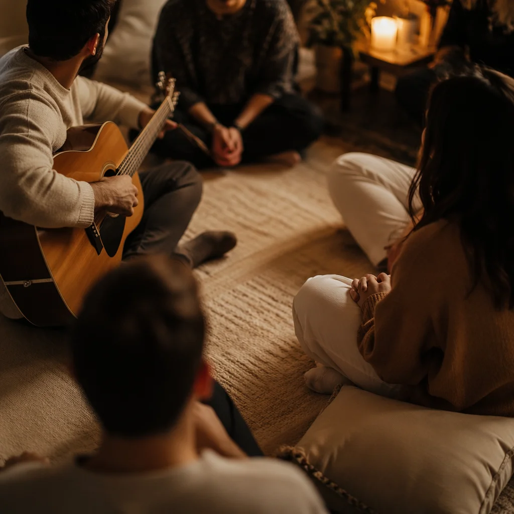 Intimate Acoustic Gathering in Cozy Living Room