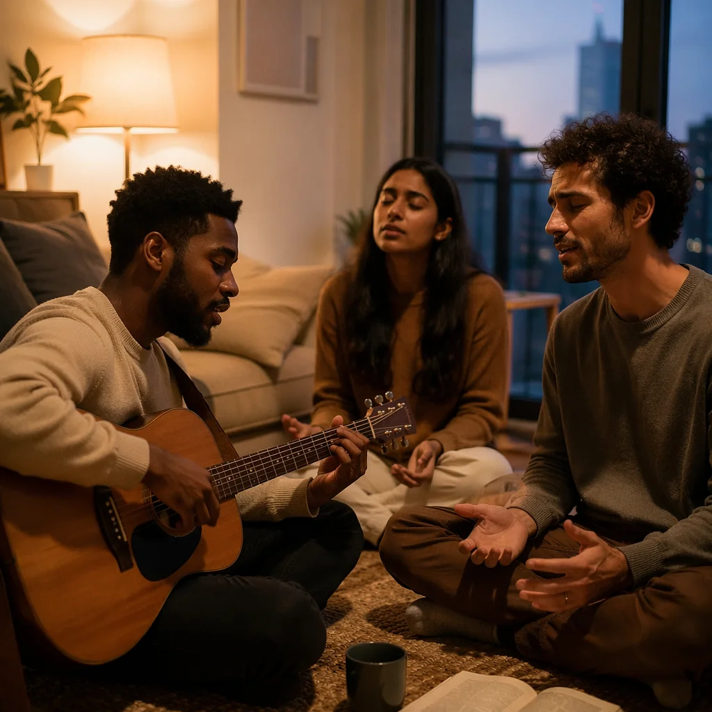 Friends Singing with Acoustic Guitar Indoors