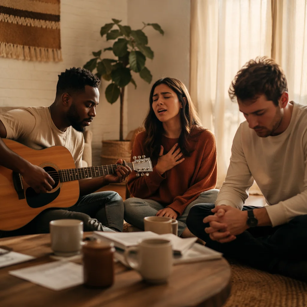 Three Friends with Acoustic Guitar Indoors