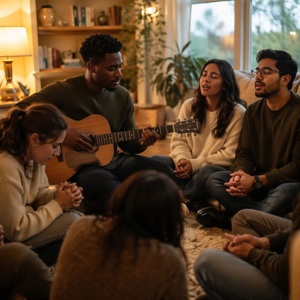 Friends Singing with Acoustic Guitar Indoors