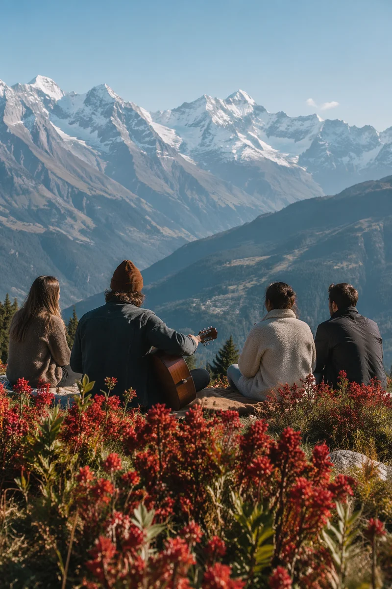 Young Adults with Guitar on Mountain Hillside